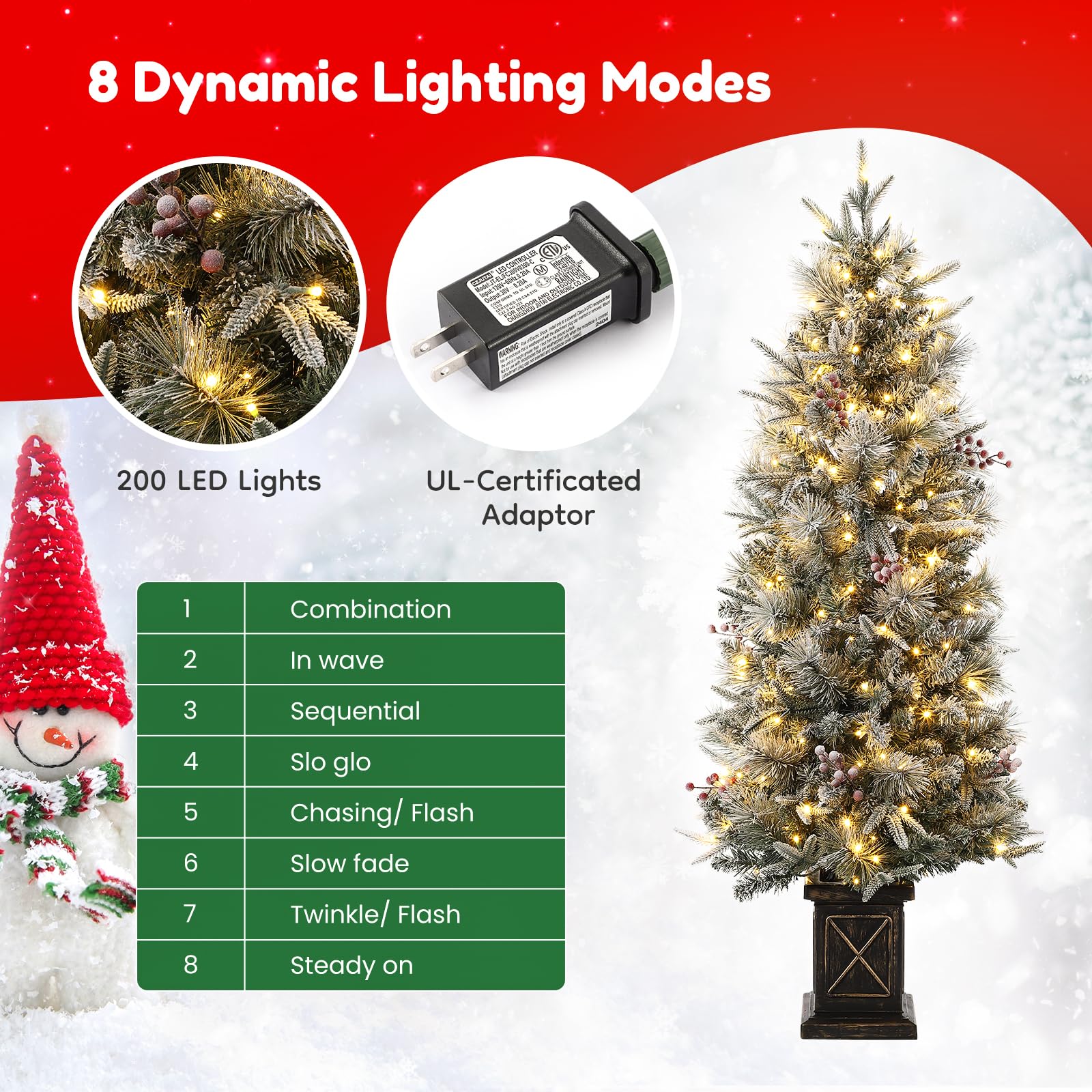 Garvee 4.5ft Xmas Tree Set of 2, Pre Lit Snow Flocked Artificial Christmas Tree with 200 LED Lights & 8 Lighting Modes, Premium Christmas Pine Tree for Christmas Decoration, Yard, Home, Office