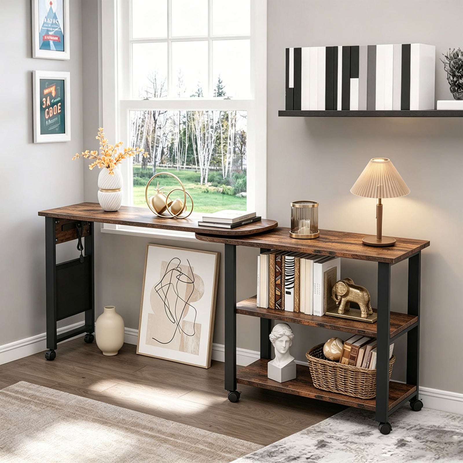 Garvee 360° Rotatable End Table with Charging Station, Extra Storage, Lockable Wheels, MDF & Metal, for Bedroom, Living Room