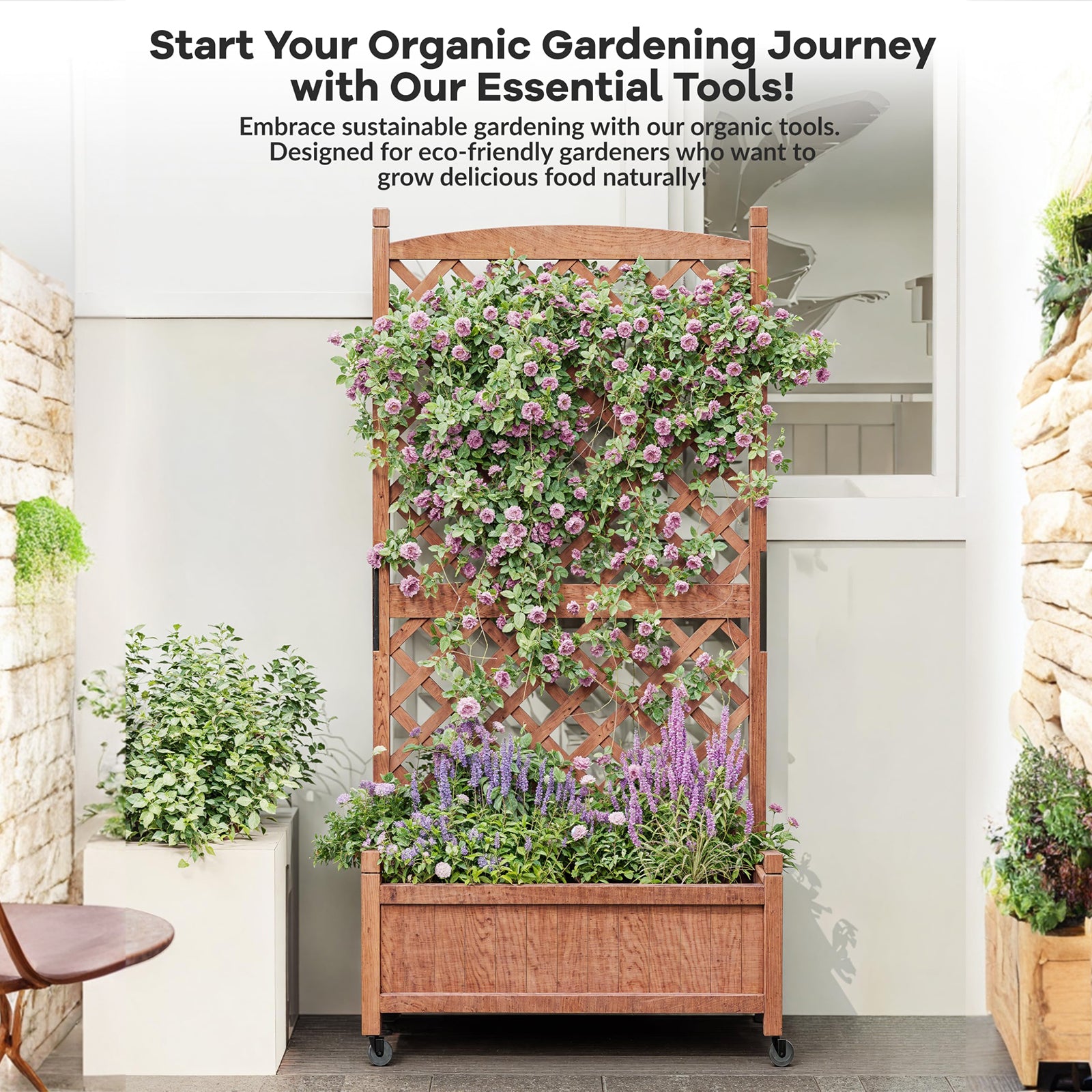 Garvee 2-Pack 29.5" × 13" × 60" Raised Garden Bed with Trellis, Wood Planter Box with Wheels & Drainage Holes
