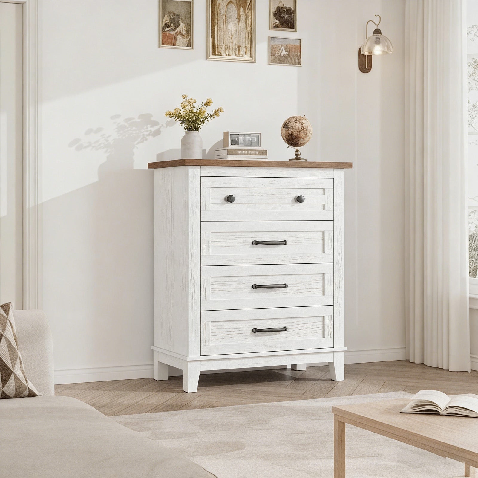 Garvee 4 Drawers Dresser for Bedroom, 34.8" Tall Vertical Drawer Dresser with Large Storage, Waterproof Top, Anti-Tipping, Freestanding Wooden Closet Chest for Bedroom, Living Room, White + Brown Top