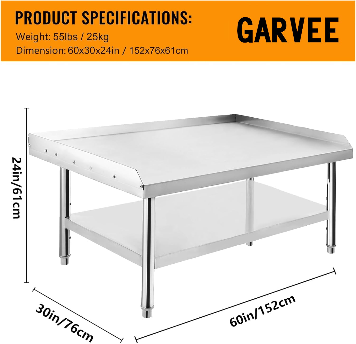 GARVEE 60"L x 30"W x 24"H Stainless Steel Grill Stand Table - Heavy-Duty, Adjustable Undershelf, Easy to Assemble, for Home and Commercial Kitchens