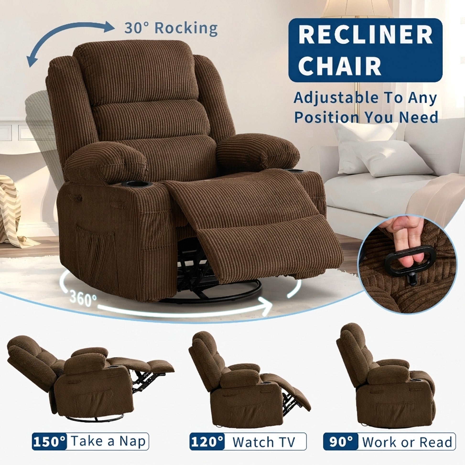 Garvee Rocking Recliner Chair for Adults, Wide 360° Swivel Rocker Recliner with Cup Holder Nursery Glider with Upholstered Deep Seat Corduroy Lazy boy Chair for Living Room, Brown