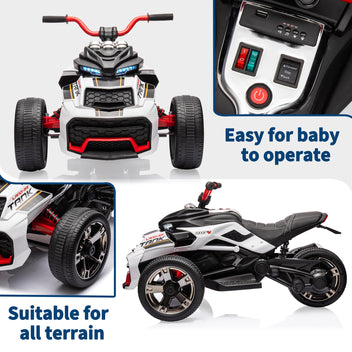 Garvee 12V Kids Ride on Toy for Kids, 2x55W Powerful Engine 7AH Battery, 3 - 7 km/H, 3 Wheelers Electric Vehicle, LED Lights, 2 Speeds, EVA Tire, Music, USB - White