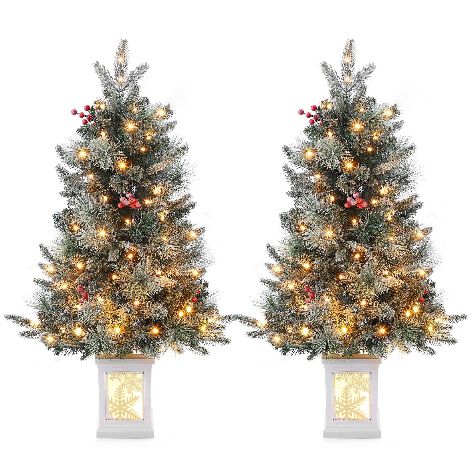 Garvee 3ft Prelit Artificial Christmas Tree with Snowflake Light Box Base, 78 Warm Lights & Red Berry for Front Door, Porch, Entryway, Fireside Christmas Decoration, Set of 2