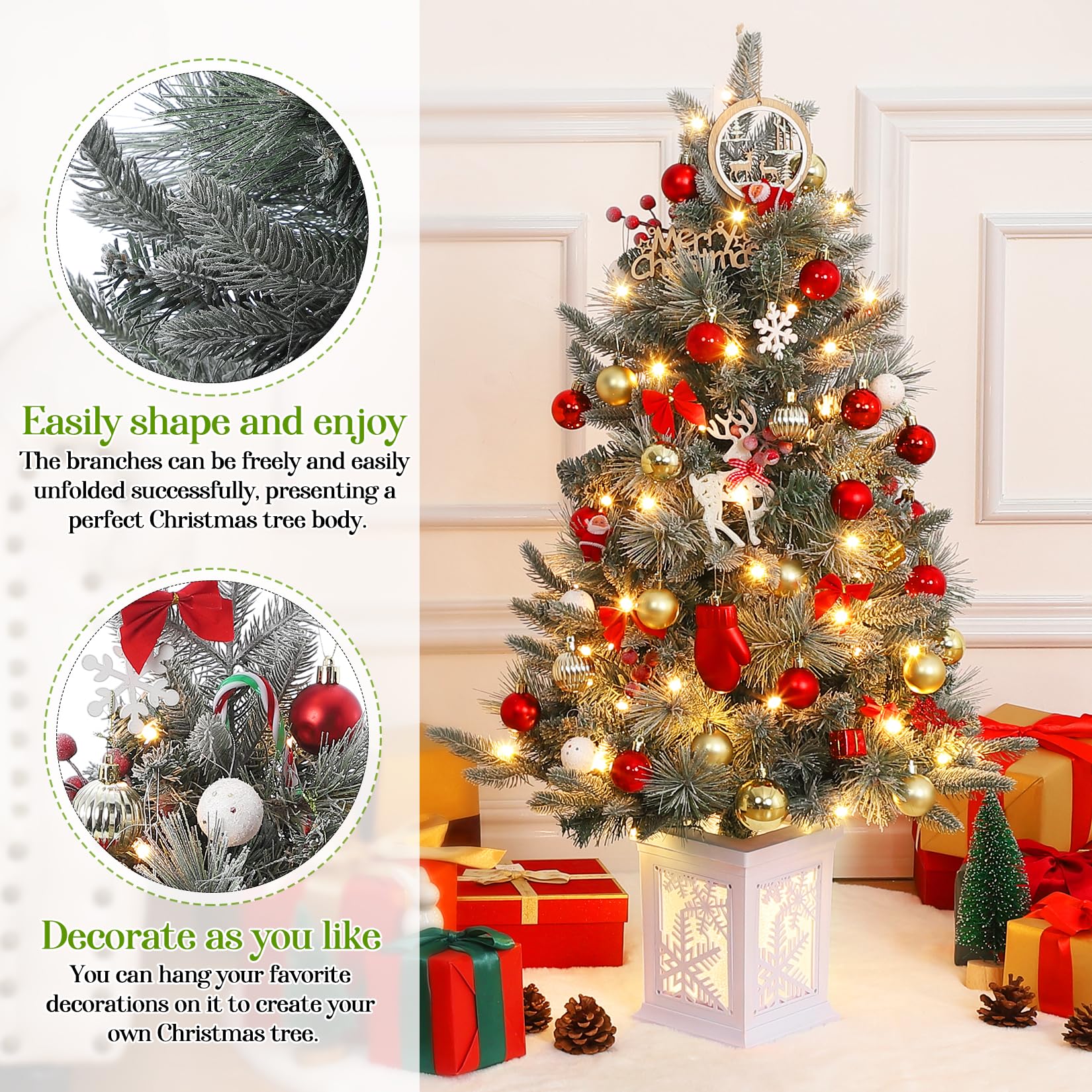 Garvee 3ft Prelit Artificial Christmas Tree with Snowflake Light Box Base, 78 Warm Lights & Red Berry for Front Door, Porch, Entryway, Fireside Christmas Decoration, Set of 2
