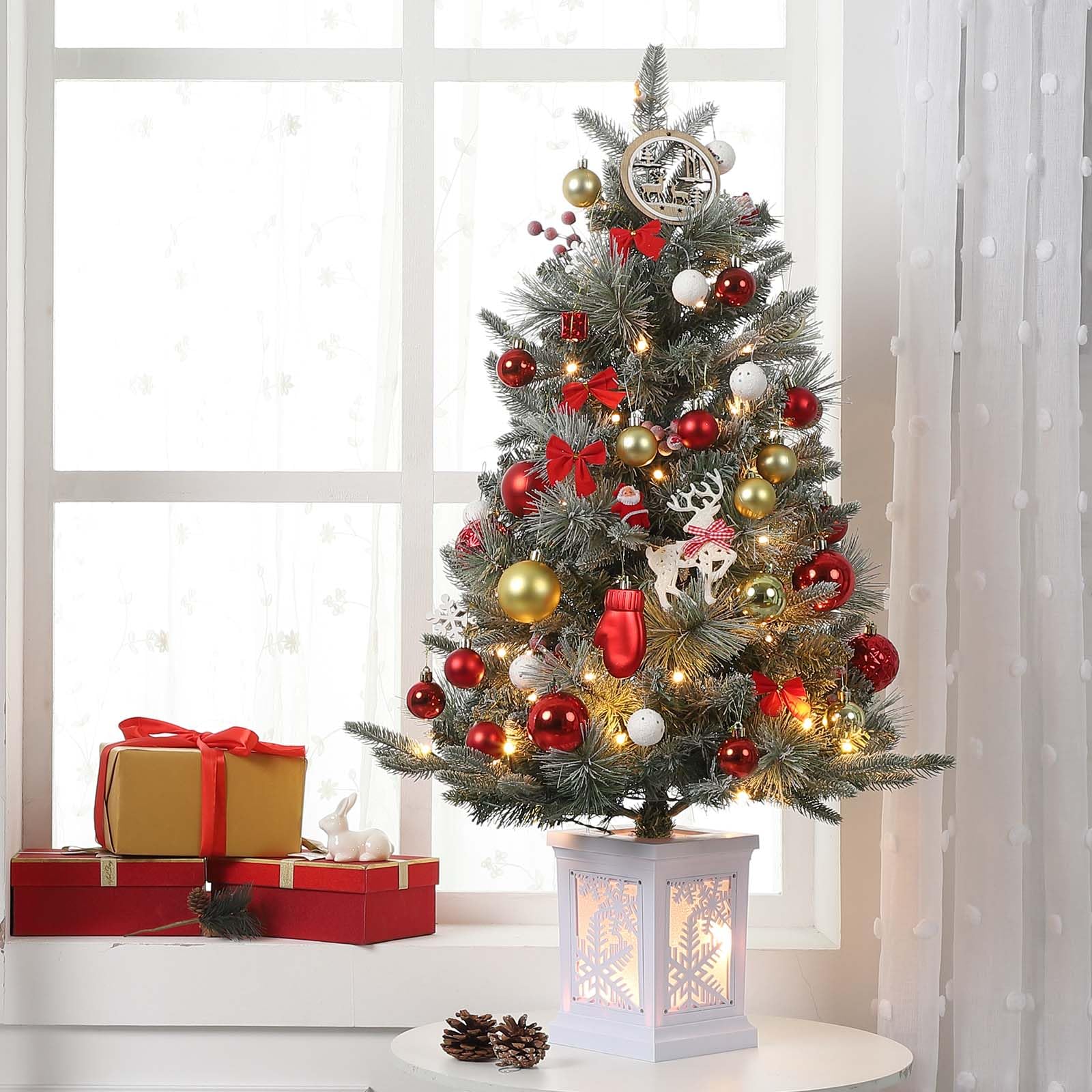 Garvee 3ft Prelit Artificial Christmas Tree with Snowflake Light Box Base, 78 Warm Lights & Red Berry for Front Door, Porch, Entryway, Fireside Christmas Decoration, Set of 2