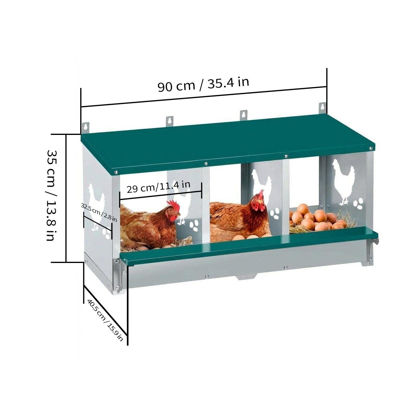 Garvee 3-Compartment Galvanized Metal Chicken Nesting Box – Wall Mounted or Freestanding Laying System for Hens, Chickens, or Ducks – 10 Dampness Pads, 4 Fake Eggs, Perch, Lid Cover – Ventilated & Weatherproof – 3-compartment basic model