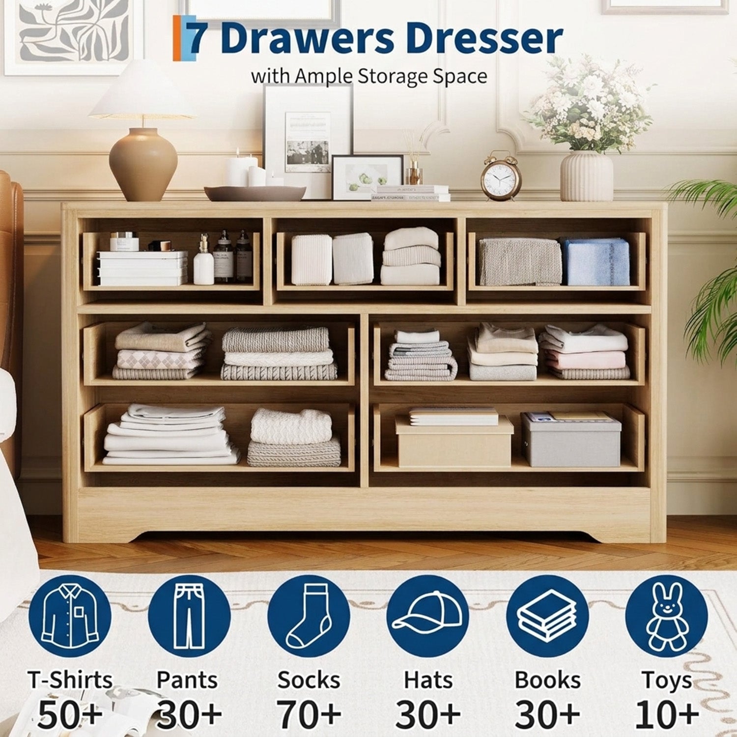 Garvee 7 Drawers Dresser for Bedroom, 54" Boho Wide Dresser Chest of Drawers, Clothes Storage Cabinet, Decorative Drawer Front Organizer for Bedroom, Living Room, Hallway, Natural Wood
