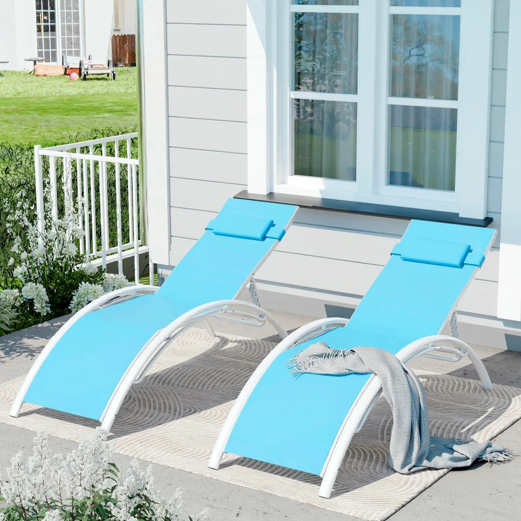 Garvee Set of 2 Aluminum Outdoor Chaise Lounge Chairs, 3-Position Poolside Recliners with Lightweight Rust-Resistant Frame for Patio, Garden, Beach & Backyard,Blue