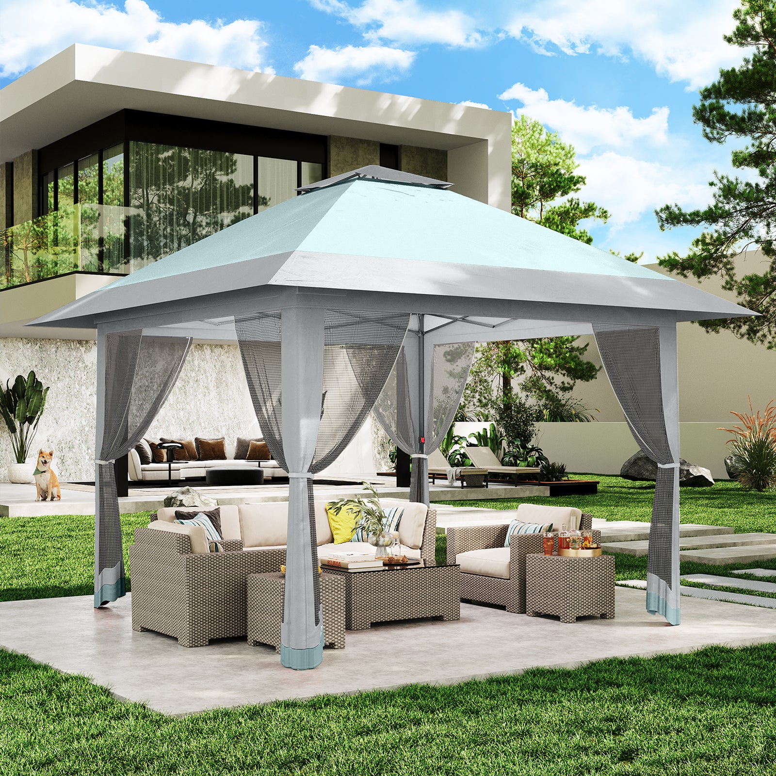Garvee 13'x13' Quick-Setup Pop-Up Canopy Tent with Mosquito Netting Foldable Shelter for Backyards, Parties, Camping & Commercial Use, (Navy Blue+ Linen Grey)