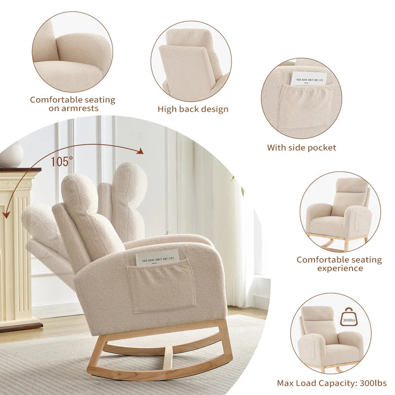 Garvee Nursery Wingback Rocking Glider Chair, Upholstered Accent Rocker Chair, Tall Back Arm Chair with Pockets, Rubber Wood Legs and Side Pocket for Living Room, Beige