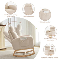Garvee Nursery Wingback Rocking Glider Chair, Upholstered Accent Rocker Chair, Tall Back Arm Chair with Pockets, Rubber Wood Legs and Side Pocket for Living Room, Beige