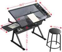 Garvee Drafting Table Adjustable Height Tilting Glass Top Steel Frame 2 Drawers Stool Black Home Office Art Craft