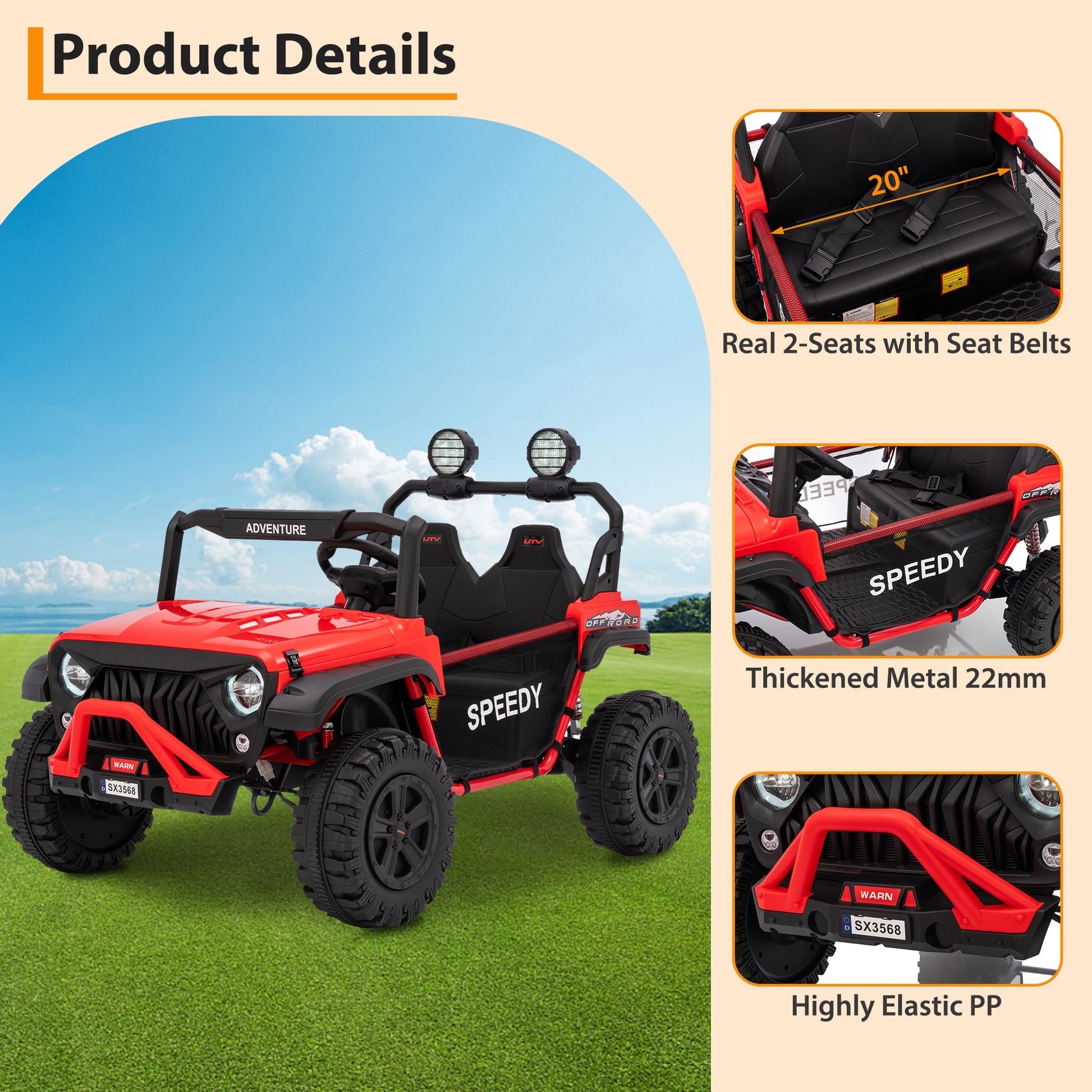 Garvee Ride P Series 24V Kids Toddler Ride On Truck 4WD 3 Speeds Large 7AH Battery Bluetooth MP3 Parent Safety Brake Red Outdoor Play - Red