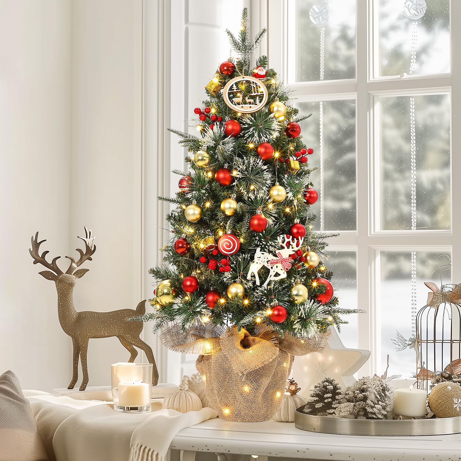 Garvee 3ft Mini Pre Lit Christmas Tree with Burlap Base, Artificial Small Tabletop Xmas Tree with 78 LED Lights, 8 Lighting Modes, Remote Control Christmas Tree for Home, Porch, Office(2 PCS)
