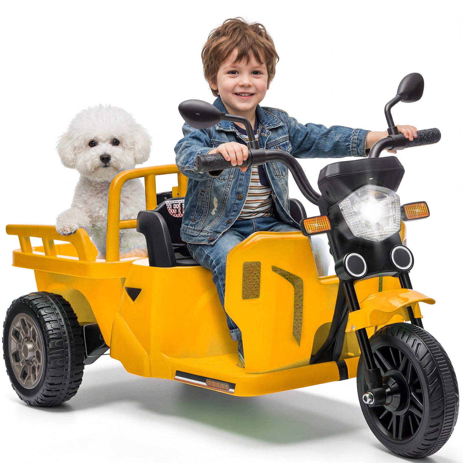 Garvee Ride P Series 3-Wheels Electric Tricycle w/Trailer, 12V Battery Powered Kids Motorcycle with Sand Shovel, 2x55W Motors, Bluetooth, Music, Headlight, Ride on Motorcycle for Kids Toddlers, Gift for Boys Girls, Yellow