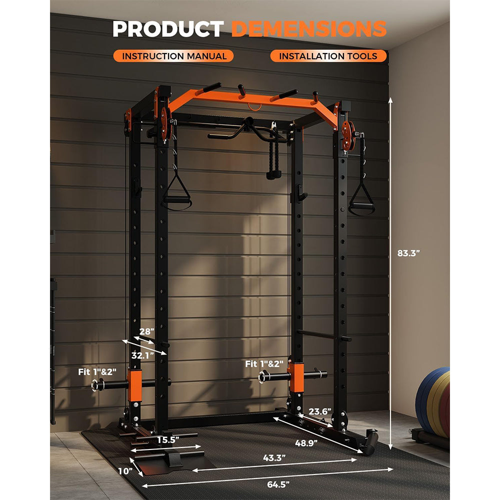 Garvee Power Cage Power Rack with Dual Pulley System Multi-Function Squat Rack with Cable Crossover for Home Gym Black