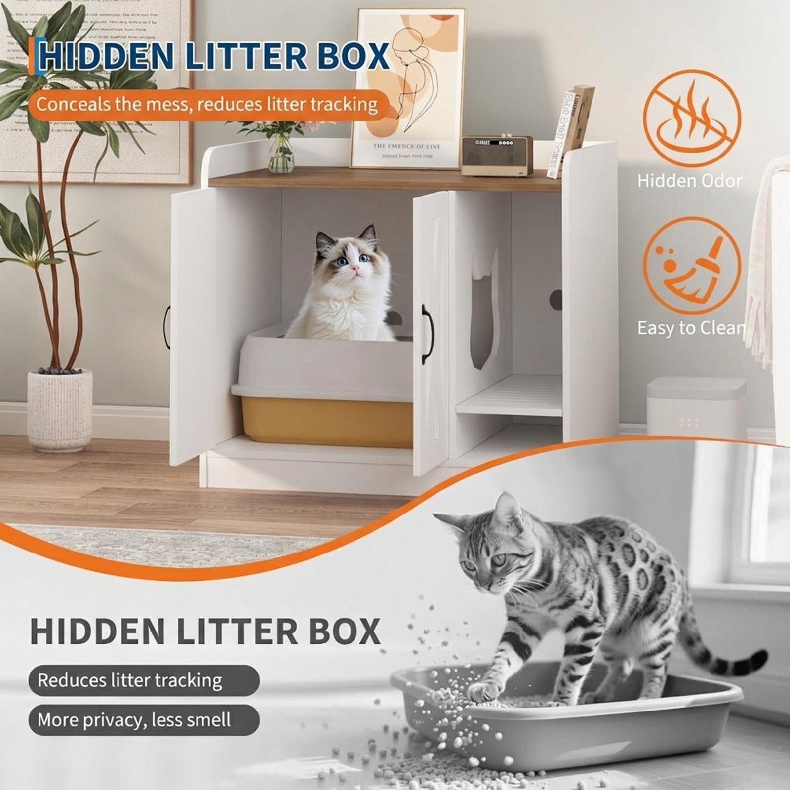 Garvee Cat Litter Box Enclosure, Hidden Litter Box Furniture with Divider, Indoor Cat House, Wooden Cat Washroom Storage Cabinet Bench, Side End Table Nightstand, White & Brown Top