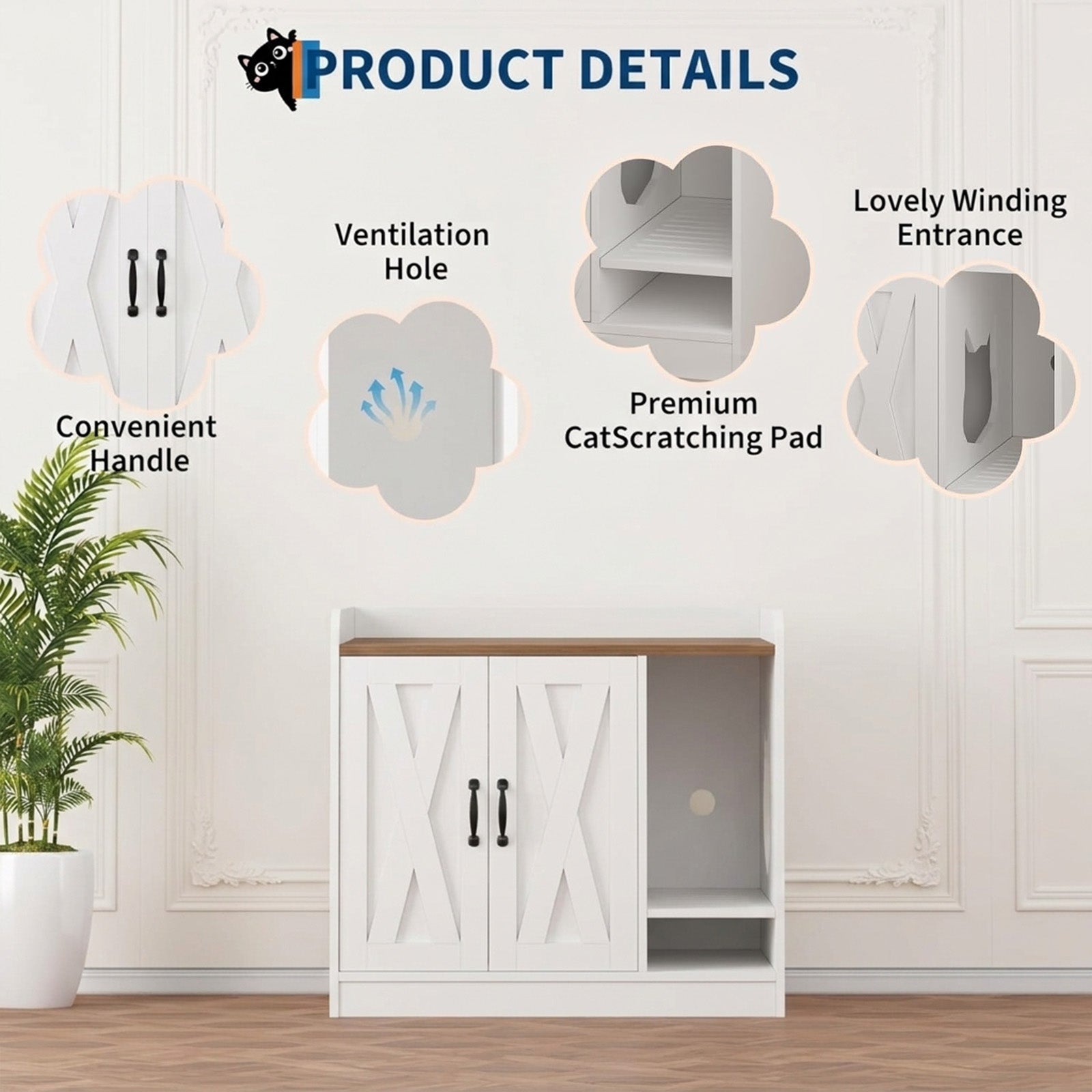 Garvee Cat Litter Box Enclosure, Hidden Litter Box Furniture with Divider, Indoor Cat House, Wooden Cat Washroom Storage Cabinet Bench, Side End Table Nightstand, White & Brown Top