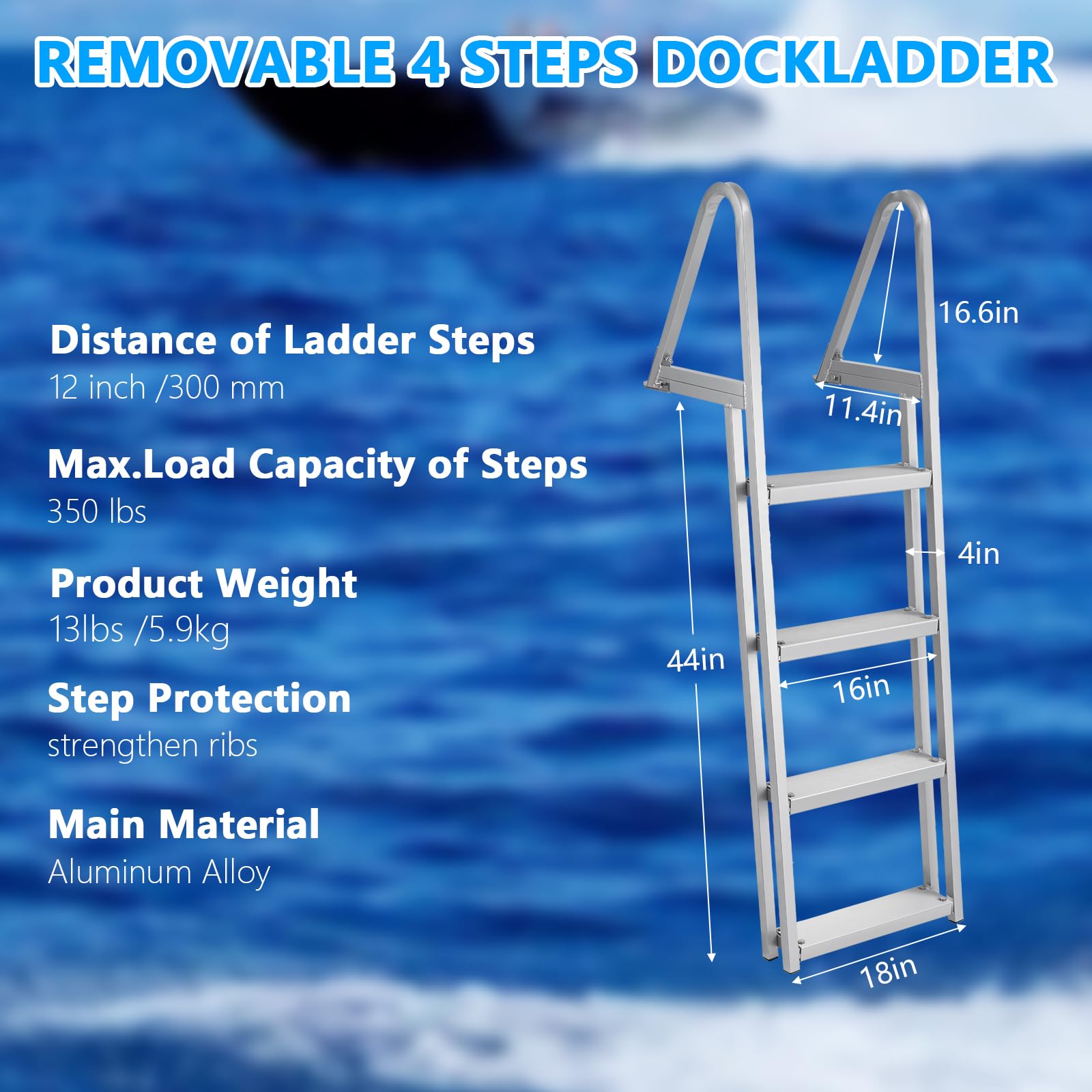 Garvee 4 Step Angled Removable Dock Ladder with Dual Handrails, Heavy Duty Aluminum Boat Dock Ladder with Non-Slip Steps, Adjustable Height, 350 lb Capacity for Lake & Marine Dock