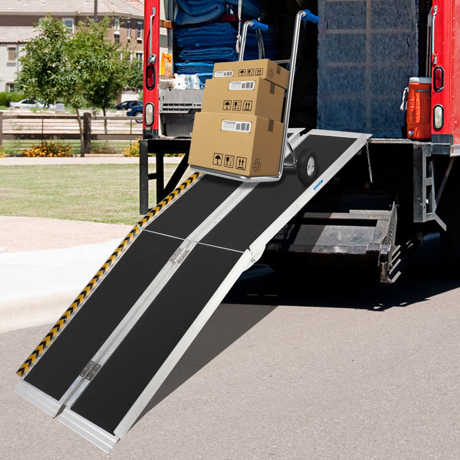 Garvee 7FT Aluminum Wheelchair Ramp Portable Foldable 600Lbs Capacity Non-Skid Surface Reflective Strips Home Use