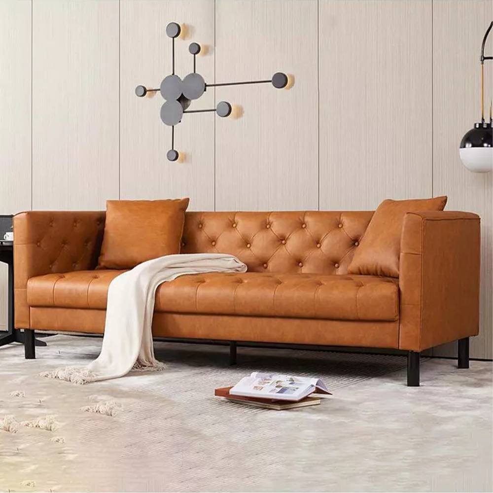 Garvee Modern PU Leather Couch for Living Room, 81" Chesterfield Sofa with Deep Seats and 2 Pillows, 3 Seater Sofa with Button Tufted, Sleeper Sofa for Apartment, Office, Brown