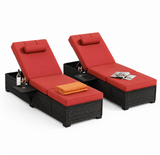 Garvee Set of 2 Outdoor Chaise Lounge Chairs with Side Table, PE Rattan Recliners with 6-Position Backrest & Blue Cushions for Poolside Patio - Brown Four-line Rattan + Red Cushion