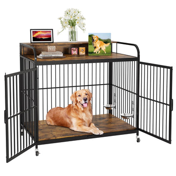 Garvee Wooden Dog Crate Furniture End Table with Adjustable Height & 360° Rotating Feeder, Heavy Duty Dog Crate with 360° Wheels, Dog Kennel Indoor, Medium