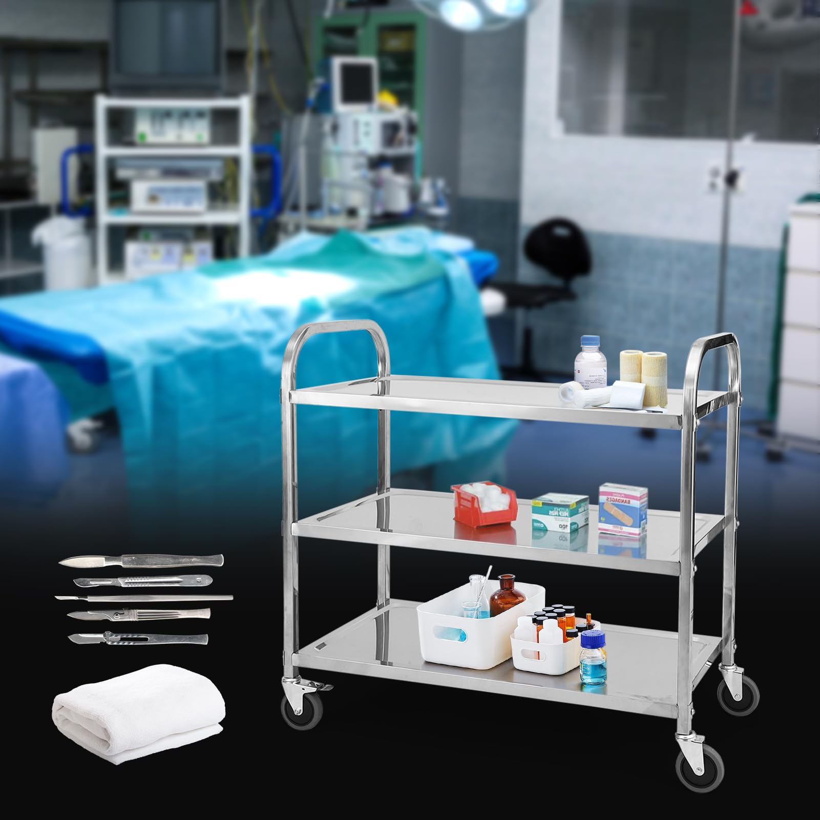 Garvee 3 Tier Heavy Duty Trolley Rolling Cart, Stainless Steel Utility Cart with Handle and Locking Wheels, for Kitchen, Restaurant, Hospital, Laboratory and Home, 265Lbs - 85x45x90CM