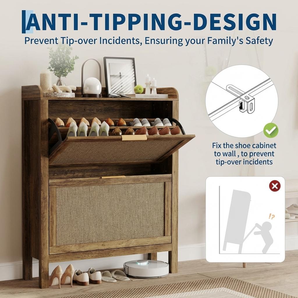 Garvee Farmhouse Rattan Shoe Storage Cabinet with 2 Flip Drawers, Wooden Legs, Narrow Brown Shoe Rack for Entryway