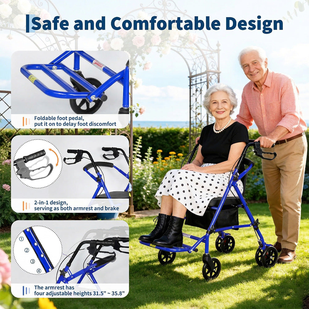 Garvee Lightweight 2-in-1 Rollator Walker & Wheelchair for Adults & Seniors, Adjustable Height, Carbon Steel Frame, 6" Wheels, Underseat Storage, Portable Mobility Aid, Blue