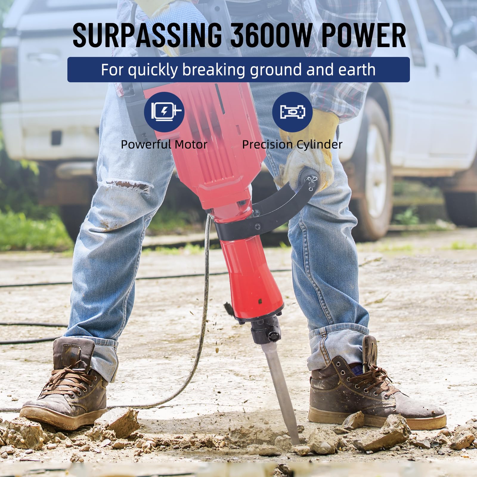 1700W Demolition Jack hammer 1700 BPM,3 Bits, w/Case & Gloves - GARVEE