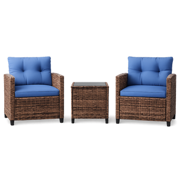 Garvee 3-Piece PE Rattan Patio Conversation Set, Outdoor Wicker Chairs with Cushions & Tempered Glass Table, Brown & Blue
