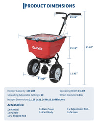 Garvee 100 lb Push Broadcast Spreader, T-Handle Walk-Behind Lawn & Garden Fertilizer Spreader with 58 L Hopper, 0–12 ft Coverage, 13" All-Terrain Wheels & 20-Level Flow Control for Seed, Fertilizer, Salt & Ice Melt, Green/Black