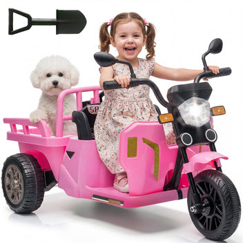 Garvee Ride P Series 3-Wheels Electric Tricycle w/Trailer, 12V Battery Powered Kids Motorcycle with Sand Shovel, 2x55W Motors, Bluetooth, Music, Headlight, Ride on Motorcycle for Kids Toddlers, Gift for Boys Girls, Pink