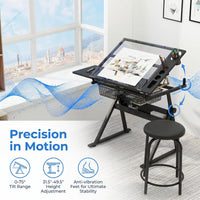 Garvee Drafting Table Adjustable Height Tilting Glass Top Steel Frame 2 Drawers Stool Black Home Office Art Craft