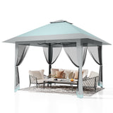 Garvee 13'x13' Quick-Setup Pop-Up Canopy Tent with Mosquito Netting Foldable Shelter for Backyards, Parties, Camping & Commercial Use, (Navy Blue+ Linen Grey) - Light Blue