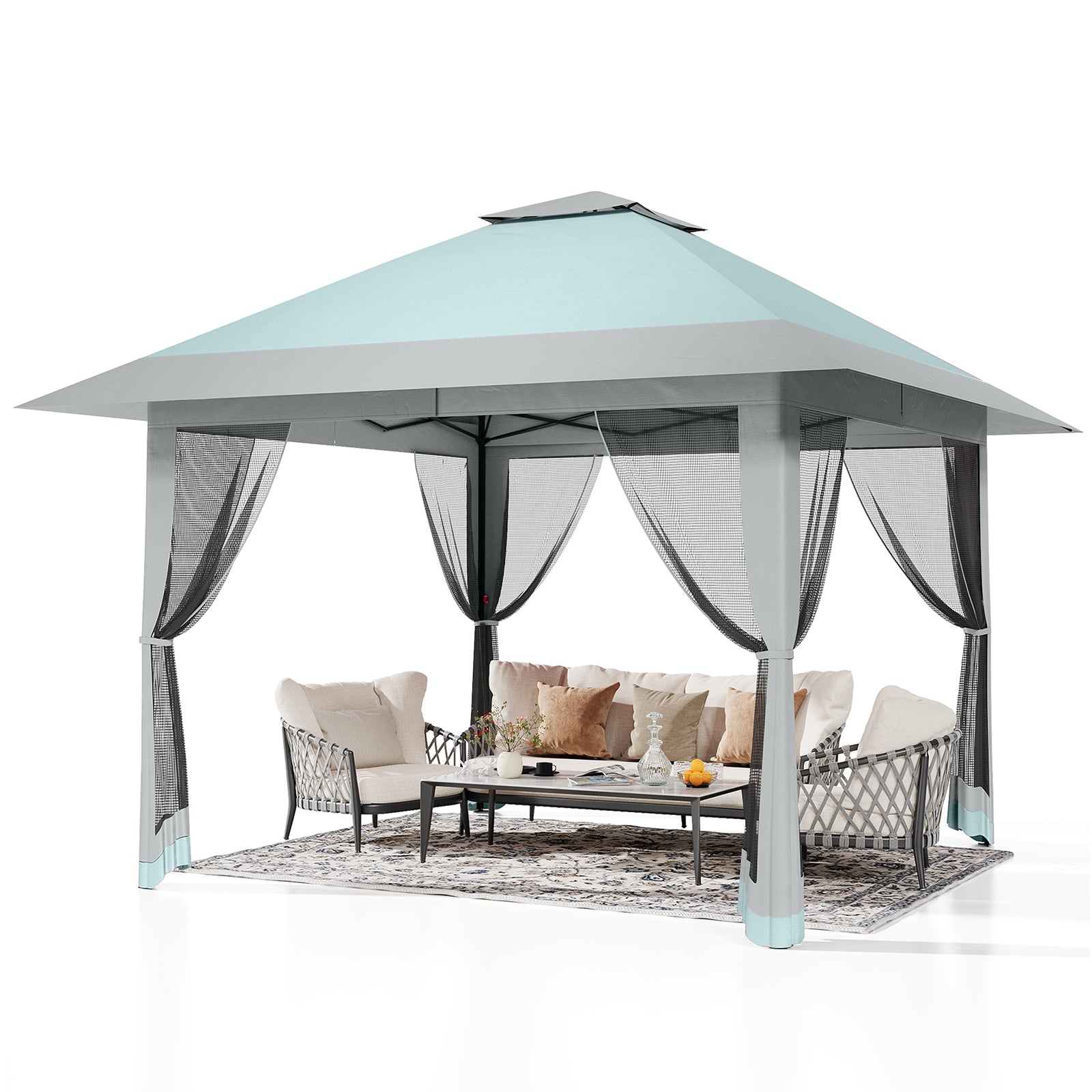 Garvee 13'x13' Quick-Setup Pop-Up Canopy Tent with Mosquito Netting Foldable Shelter for Backyards, Parties, Camping & Commercial Use, (Navy Blue+ Linen Grey)