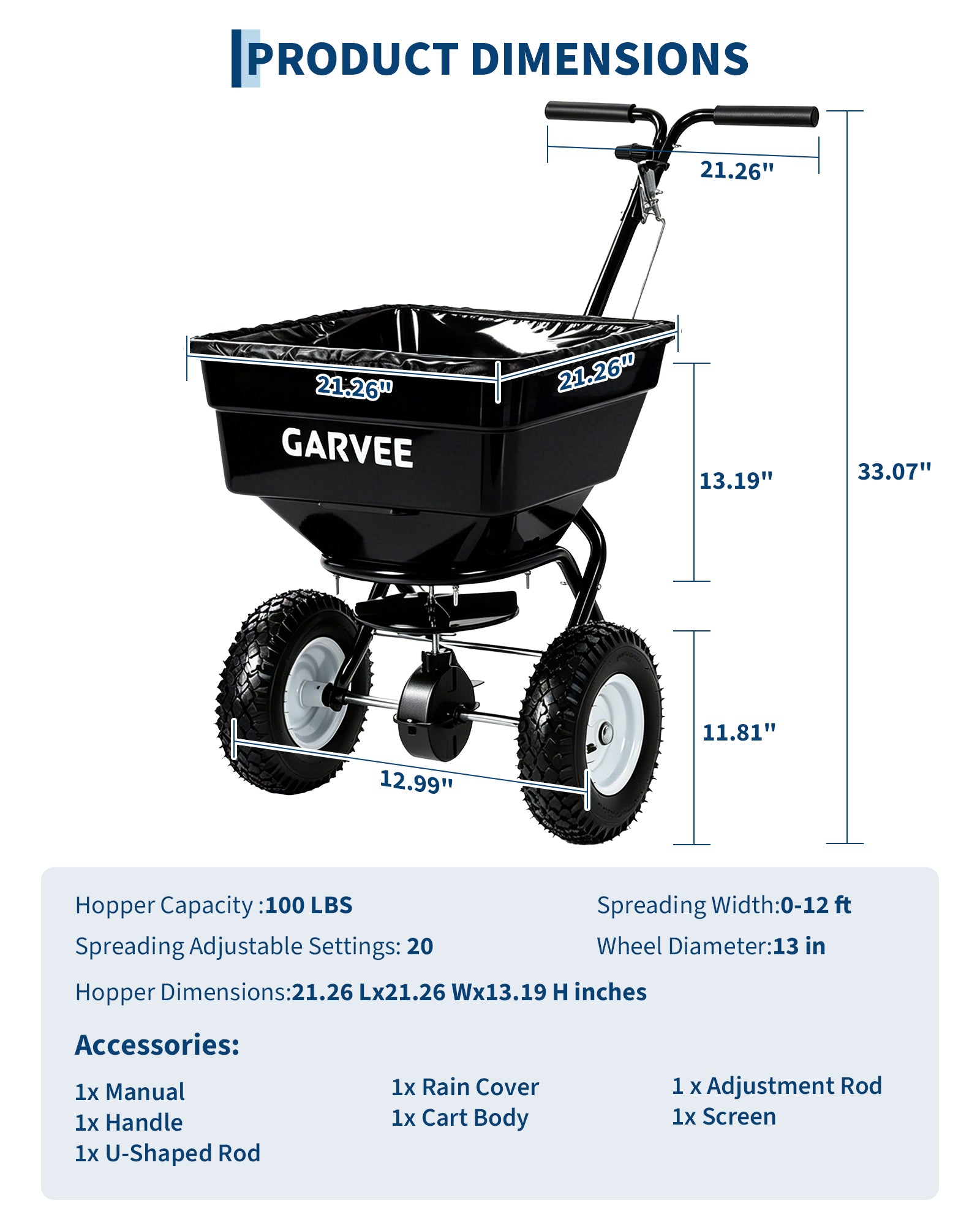 Garvee 100 lb Push Broadcast Spreader, T-Handle Walk-Behind Lawn & Garden Fertilizer Spreader with 58 L Hopper, 0–12 ft Coverage, 13" All-Terrain Wheels & 20-Level Flow Control for Seed, Fertilizer, Salt & Ice Melt, Green/Black