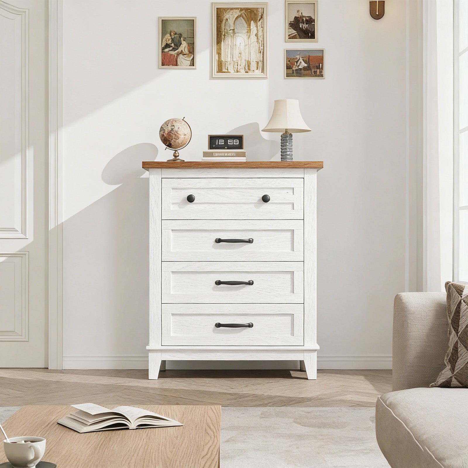 Garvee 4 Drawers Dresser for Bedroom, 34.8" Tall Vertical Drawer Dresser with Large Storage, Waterproof Top, Anti-Tipping, Freestanding Wooden Closet Chest for Bedroom, Living Room, White + Brown Top