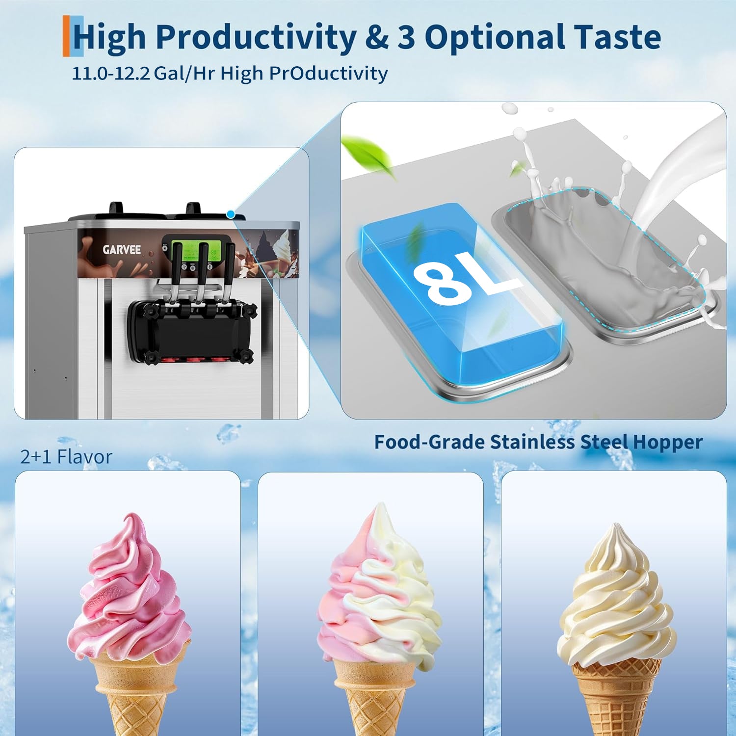 Garvee 2+1 Flavors 2600W Commercial Soft Serve Ice Cream Machine,220V, 11.0-12.2 Gal/H Soft Serve Ice Cream Maker with LED display, Self-Cleaning, High Productivity Equipment for Restaurant & Snack Bar