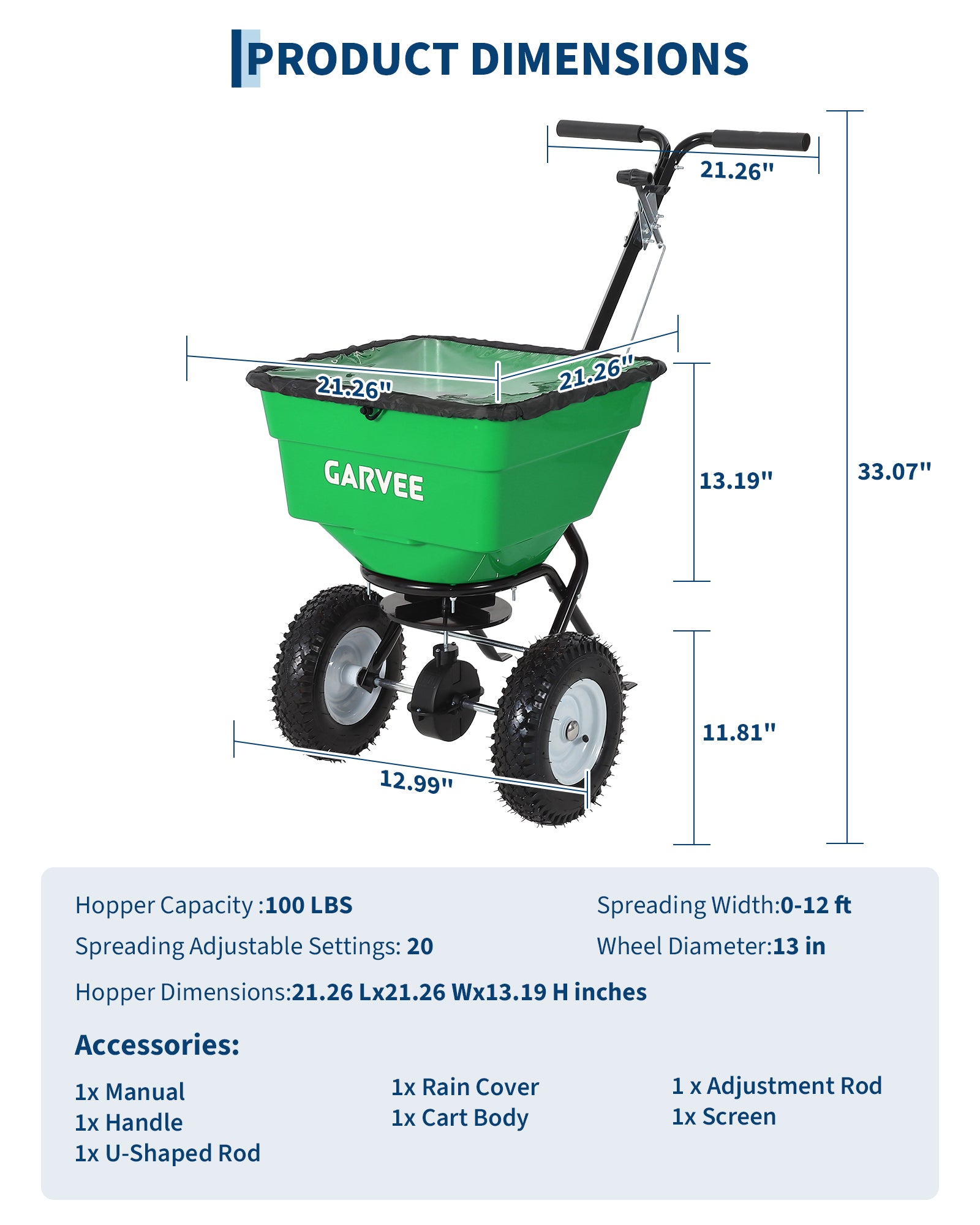 Garvee 100 lb Push Broadcast Spreader, T-Handle Walk-Behind Lawn & Garden Fertilizer Spreader with 58 L Hopper, 0–12 ft Coverage, 13" All-Terrain Wheels & 20-Level Flow Control for Seed, Fertilizer, Salt & Ice Melt, Green/Black