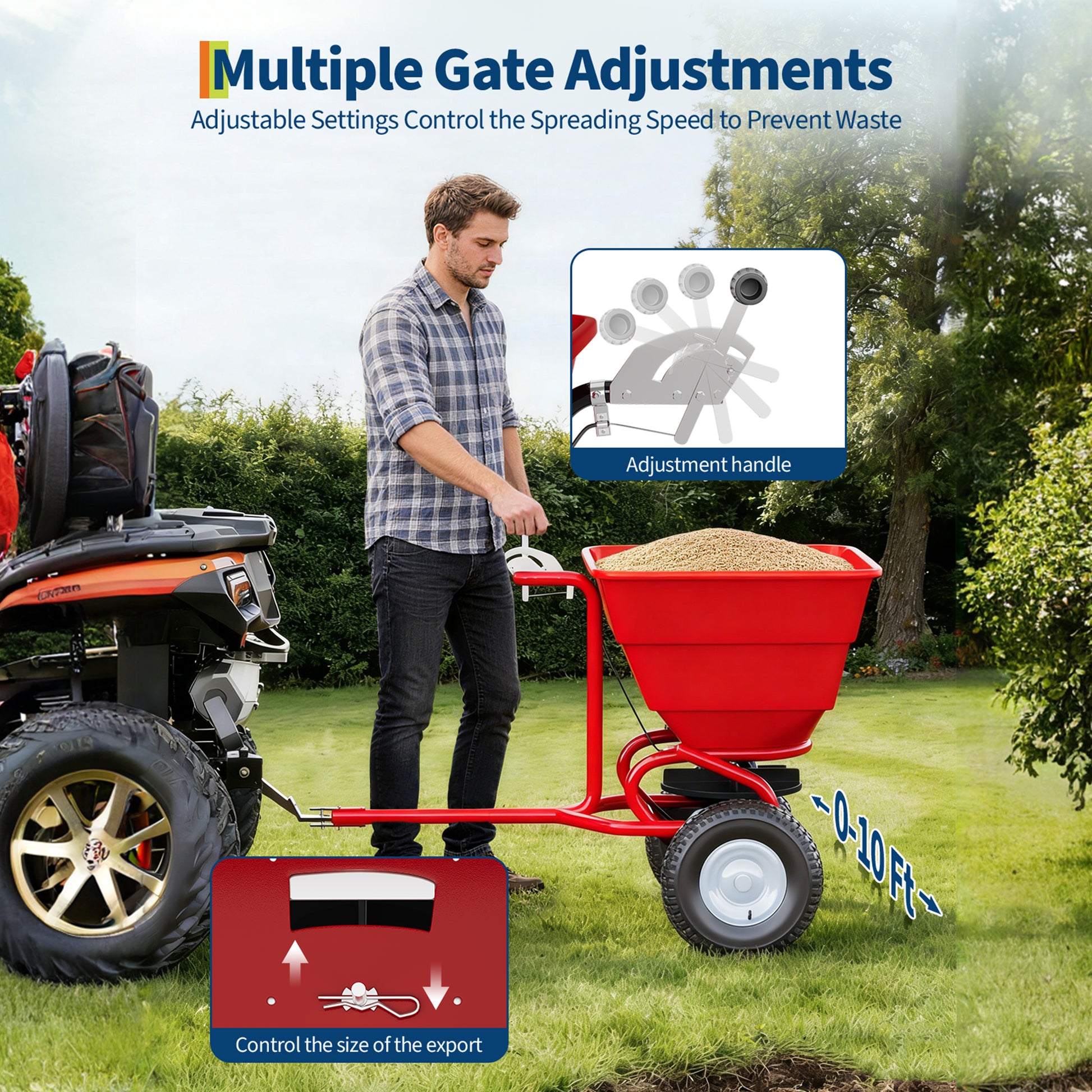 Garvee 130 lbs Tow Behind Broadcast Spreader, Adjustable Flow Control & Up to 10 ft Spread Width, 10" Pneumatic Tires, Rust-Resistant Poly Hopper, Steel Frame for Lawn, Seed, Fertilizer & Salt