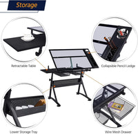 Garvee Drafting Table Adjustable Height Tilting Glass Top Steel Frame 2 Drawers Stool Black Home Office Art Craft