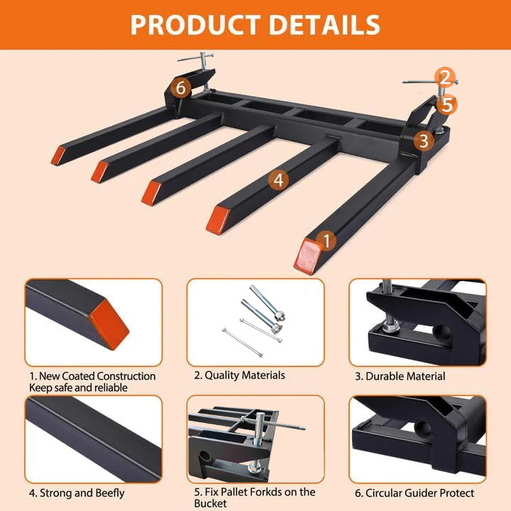 Garvee 42" Clamp-On Debris Forks for Tractor Buckets, 2500 lb 5-Tine Bucket Fork Attachment for Brush, Logs & Yard Cleanup