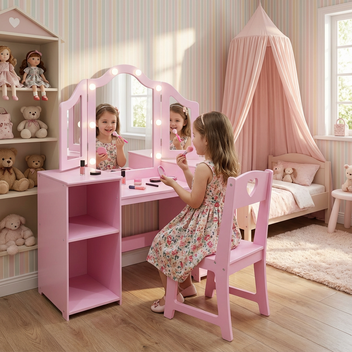 Garvee Kids Vanity Table, Girls Vanity with Touch Light Detachable Tri-Folding Mirror, Open Storage Shelves, Wood Makeup Playset with Chair, Princess Vanity Table for Toddlers - Pink