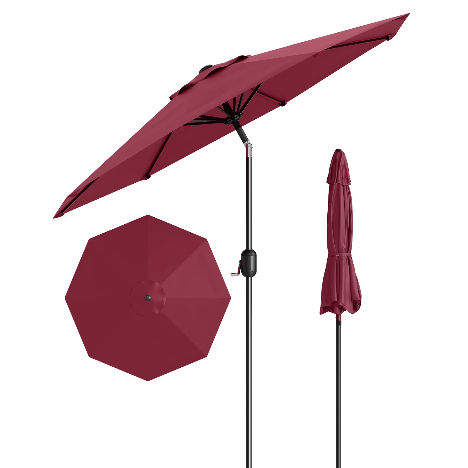 Garvee 9' Outdoor Patio Umbrella, Outdoor Table Umbrella, Market Umbrella with Push Button Tilt and Crank, 8 Sturdy Ribs UV Protection Waterproof for Garden, Deck, Backyard, Pool, Dark Red