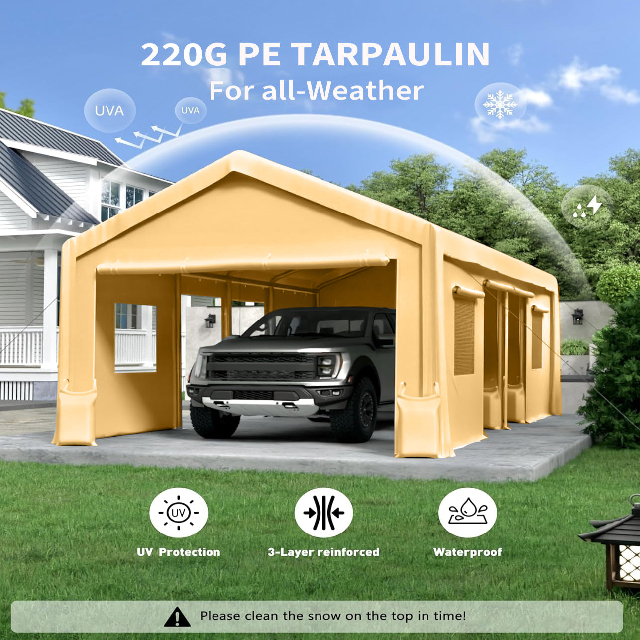 Garvee 2 Pcs Zipper Doors Portable Carport Windproof Heavy-Duty Garage Top Tent Shelter Tarp Waterproof & UV Protected Replacement 13' x 20' - 13' x 25' (Doors Only) Yellow