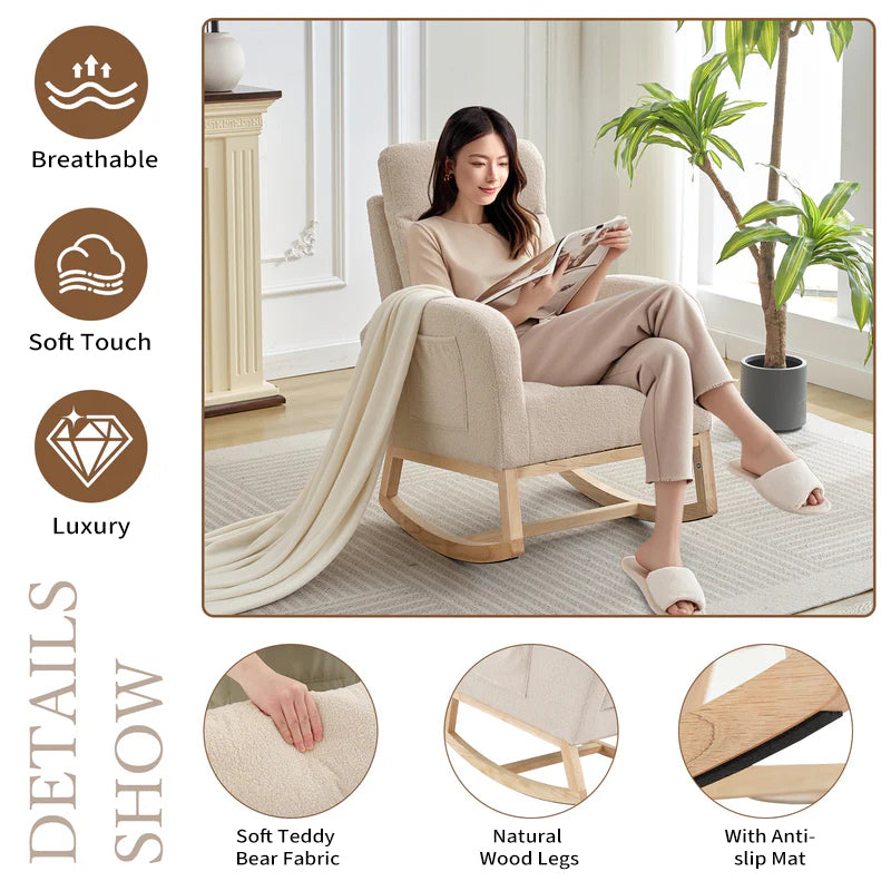 Garvee Nursery Wingback Rocking Glider Chair, Upholstered Accent Rocker Chair, Tall Back Arm Chair with Pockets, Rubber Wood Legs and Side Pocket for Living Room, Beige