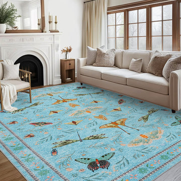 Garvee Blue Butterfly 4x6 Washable Non Slip Low Pile Stain Resistant Ultra Thin Insect Plant Rug for Living Room Nursery
